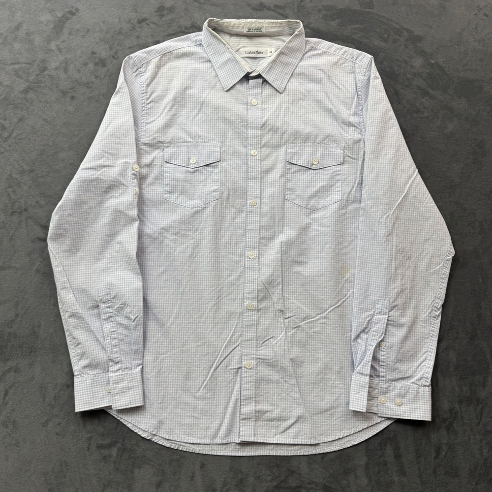Calvin Klein Mens Blue Gingham Roll Tab Long Sleeve Button Down Shirt Large